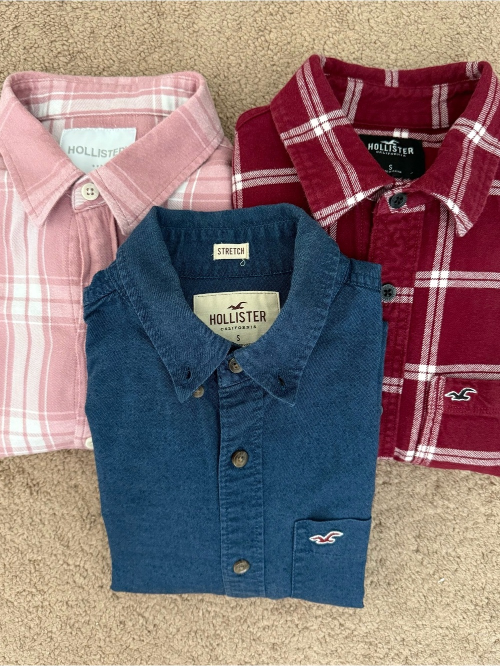 Hollister Men’s Button-Down Shirts — Denim, Pink & Red Flannel Trio